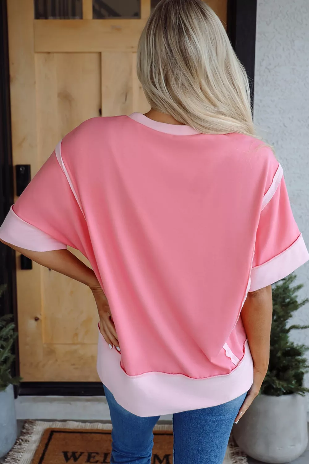 Raw Seam Color Block Sequin Cherry Graphic Casual Shift Top, image 2