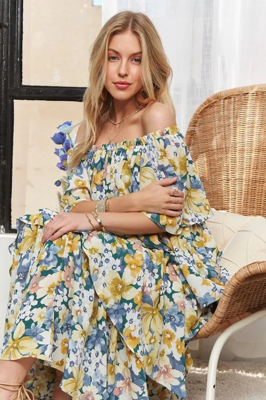 Layered Floral Off-Shoulder Short Sleeve Maxi Dress, image 3