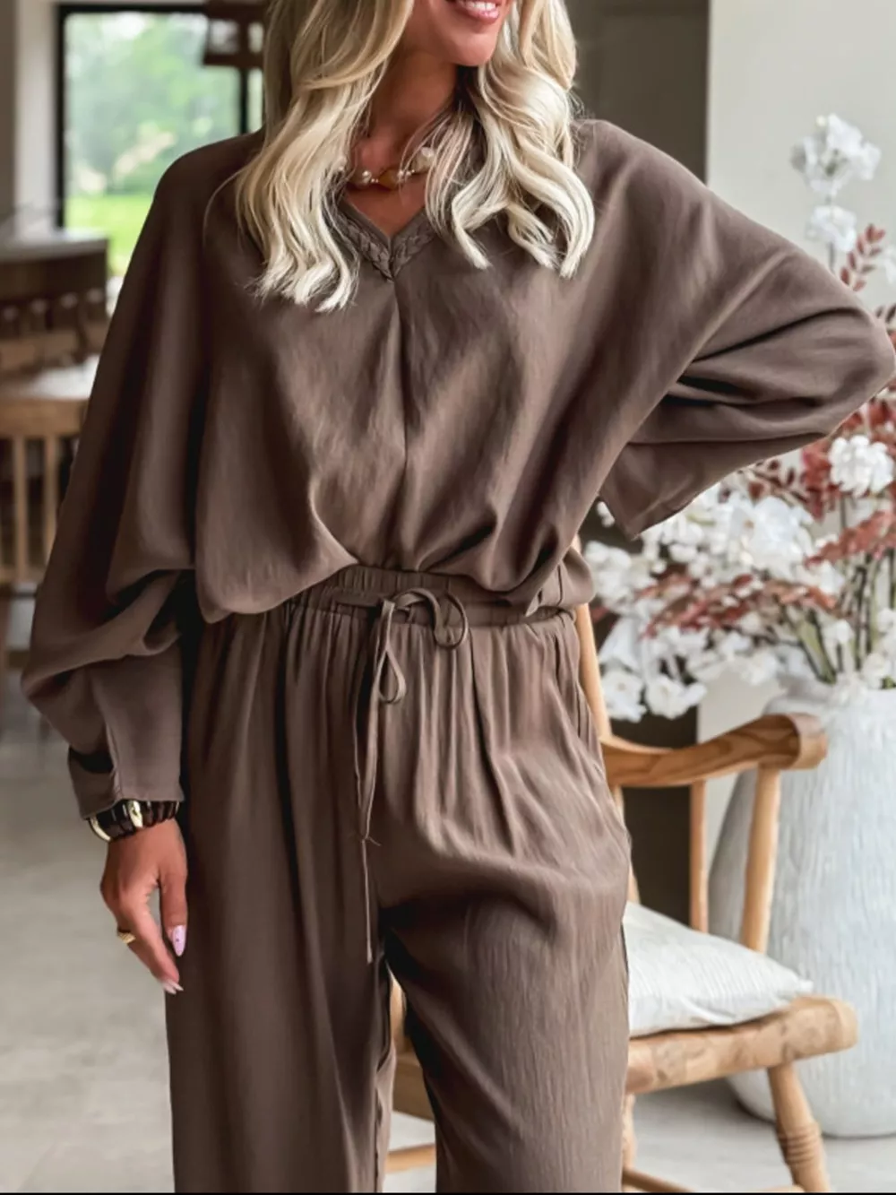 Braided V Neck Long Sleeve Loose Top and Drawstring High Waist Pants 2pcs Outfit, image 2