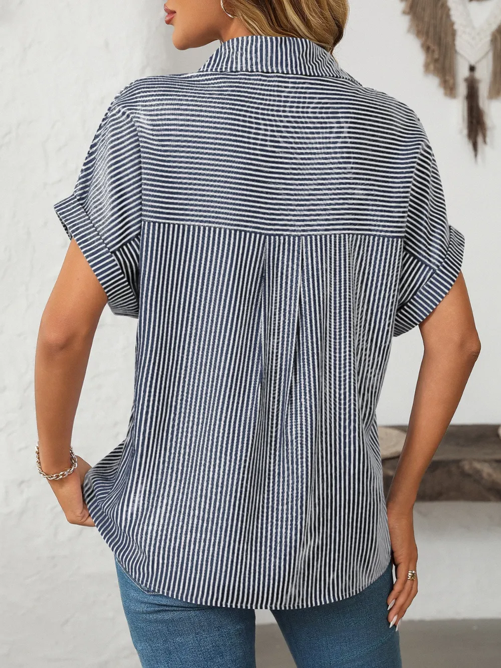 Pocketed Striped Collared Neck Short Sleeve Shirt, image 10
