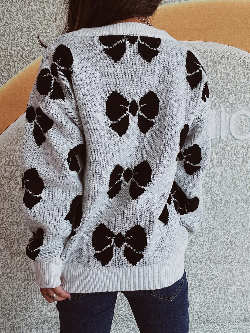 Bow Round Neck Dropped Shoulder Sweater, image 2