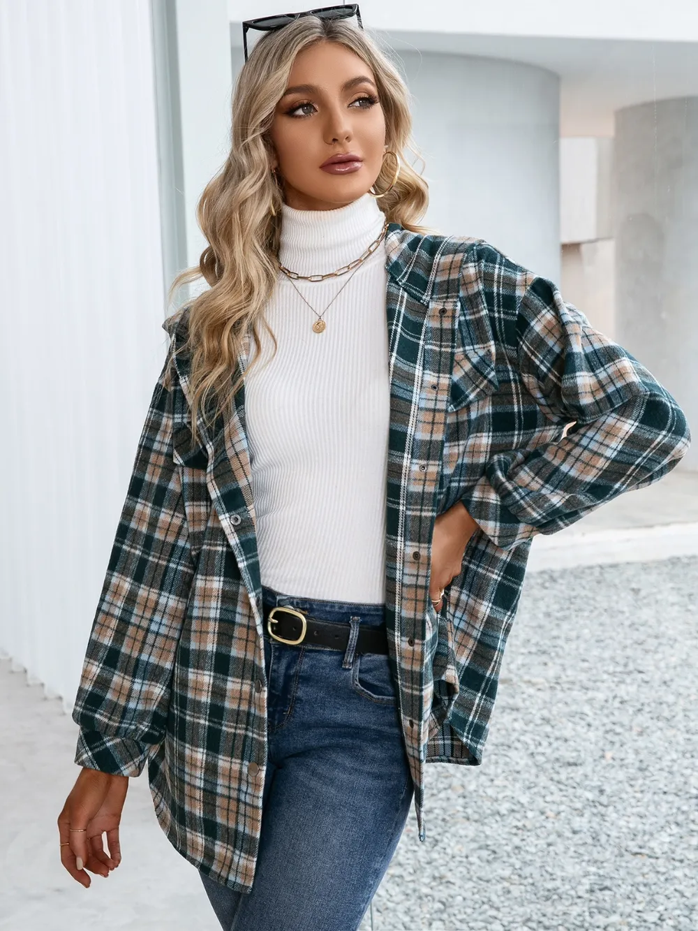 Plaid Snap Down Hooded Jacket, image 2