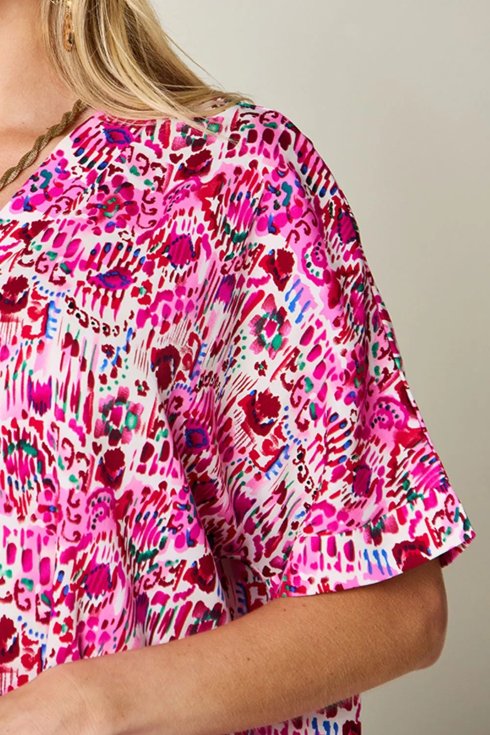 Full Size Printed V-Neck Short Sleeve Blouse, image 7