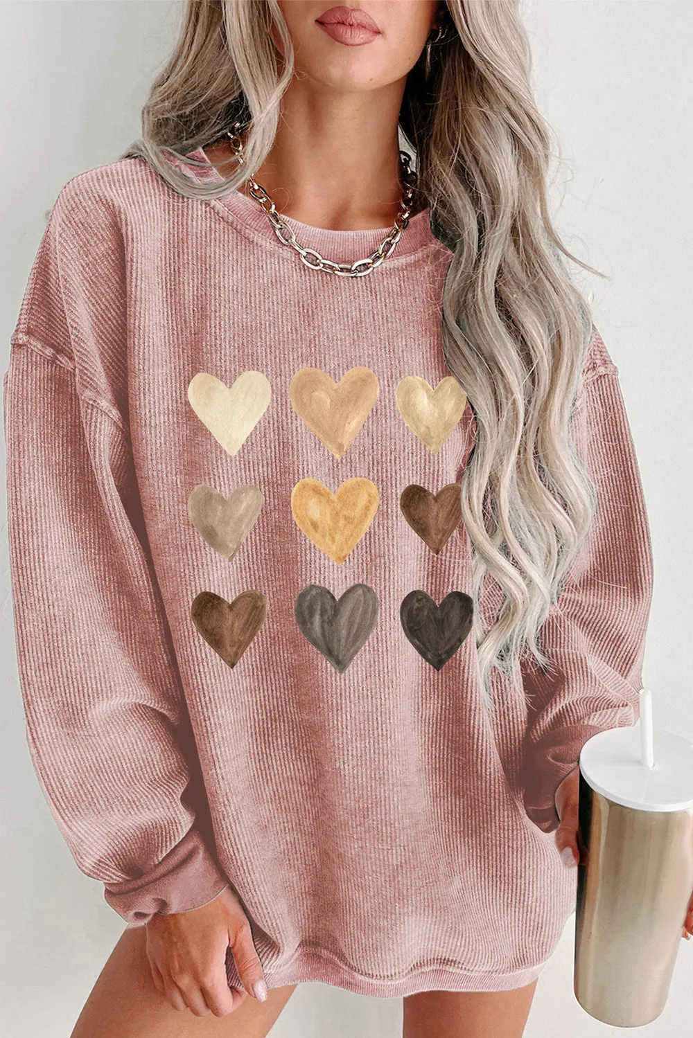 Heart Round Neck Dropped Shoulder Sweatshirt, image 2