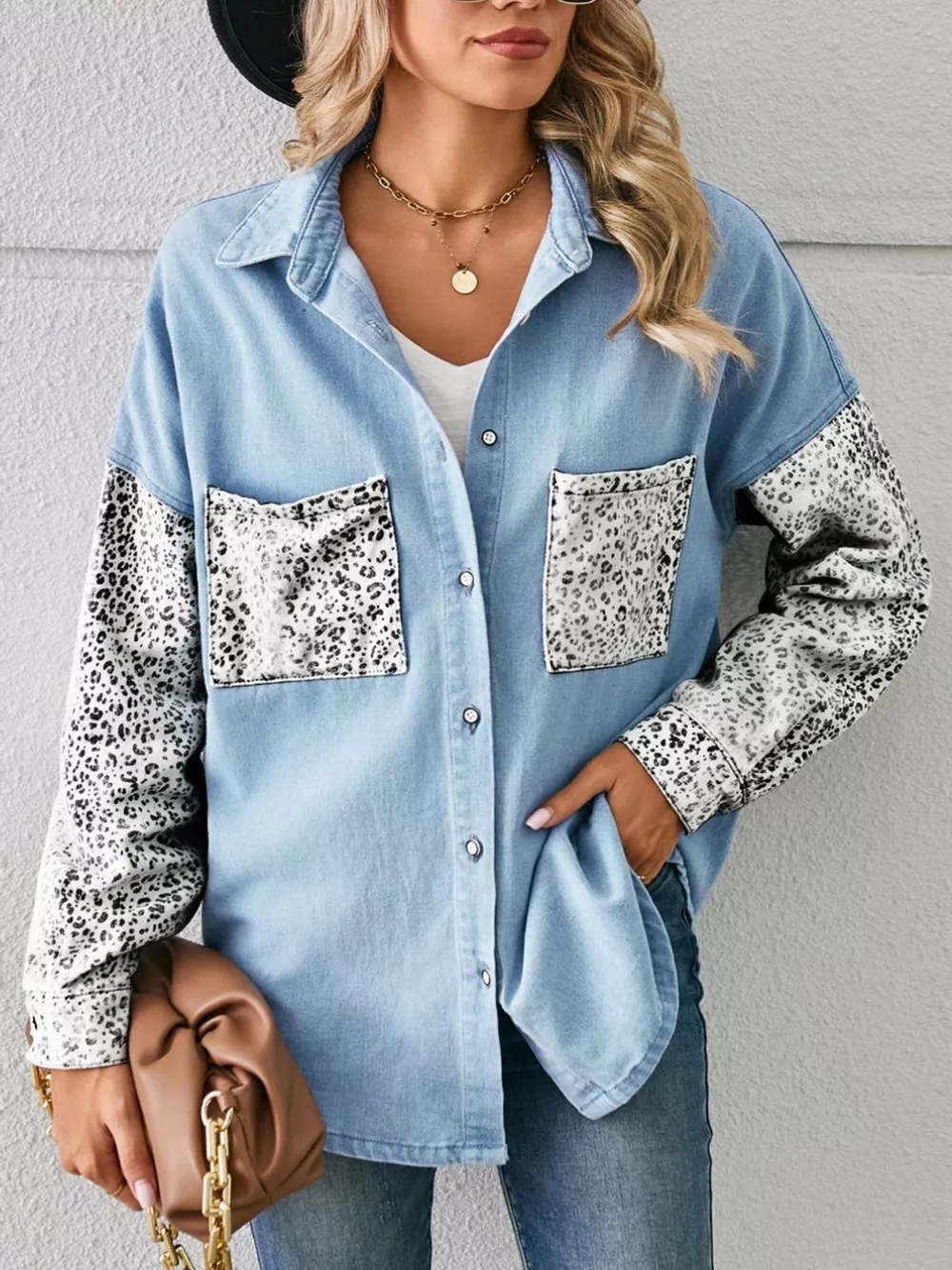 Leopard Patchwork Button Up Denim Shirt