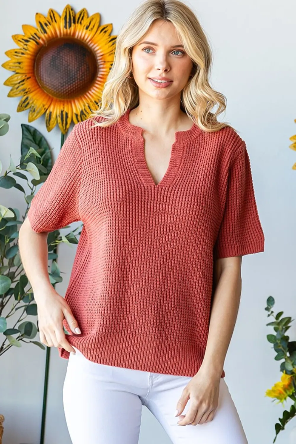 Notched Short Sleeve Knit Top, image 3