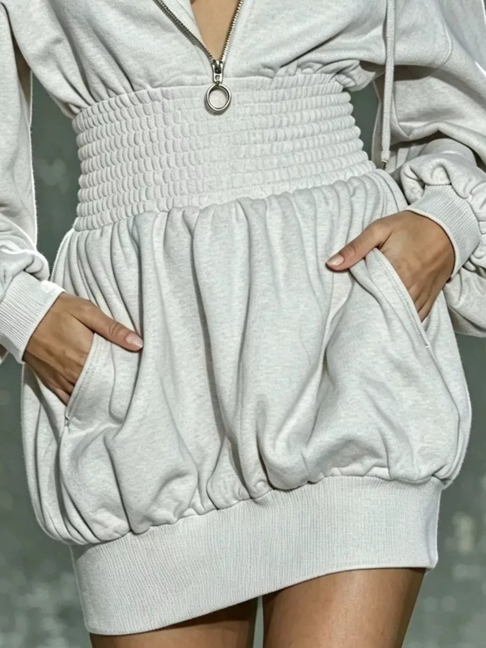 Hooded Long Sleeve Mini Dress with Smocked Waist, image 8