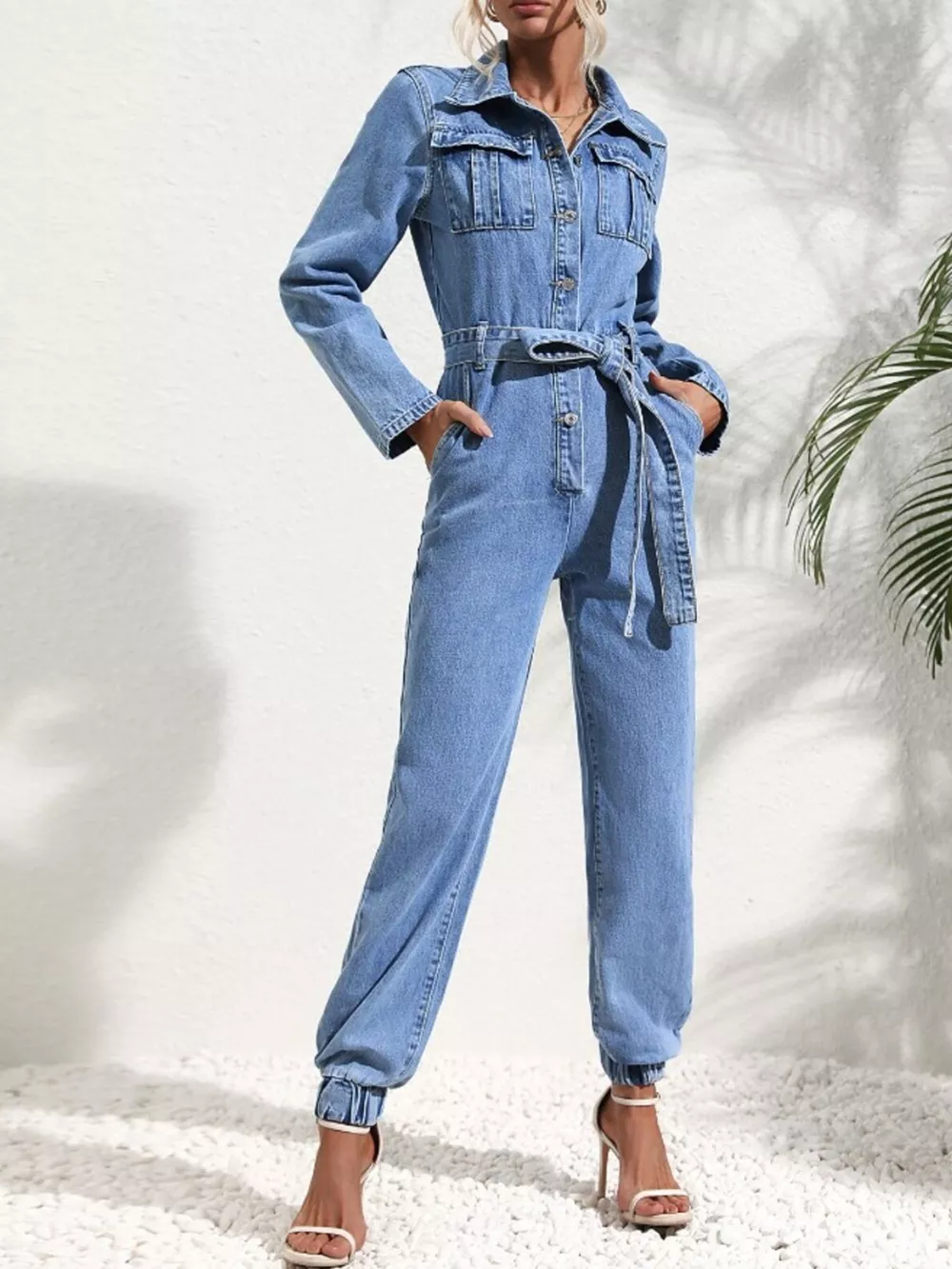 Long Sleeve Button-Up Denim Jumpsuit with Belted Waist and Elastic Cuffs, image 3