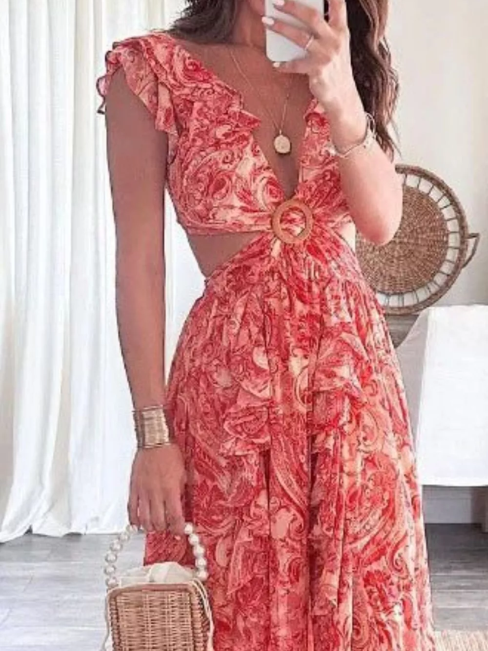 Full Size Ruffled Cutout V-Neck Maxi Dress Plus Size, image 5