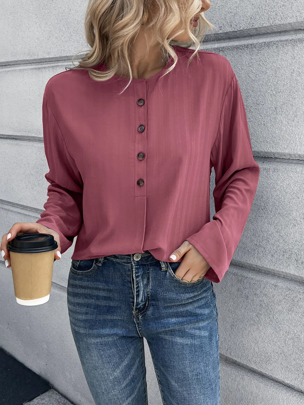 Half Button Long Sleeve Blouse, image 11