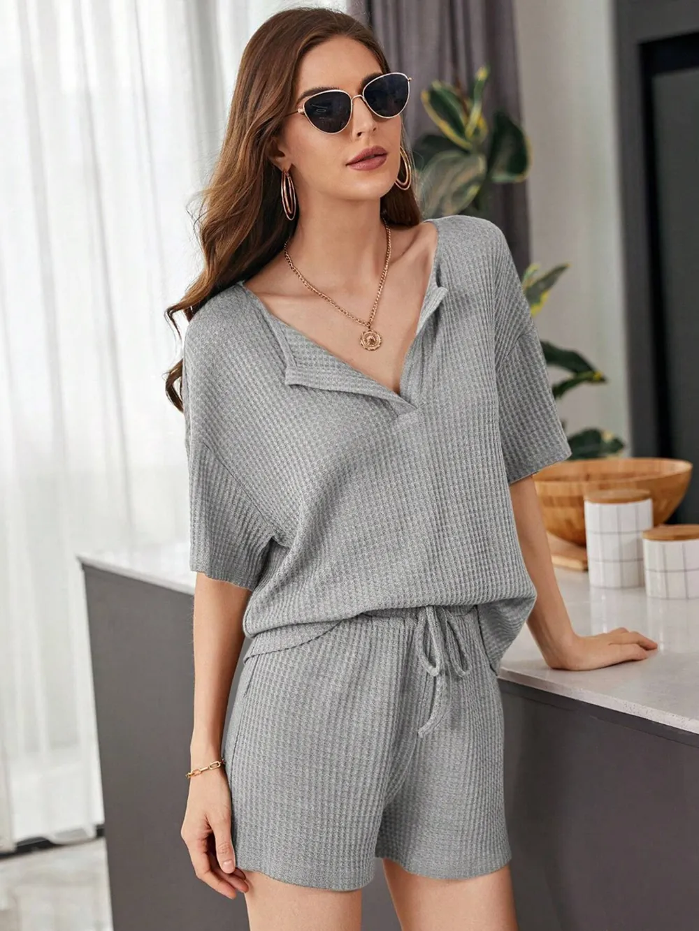 Full Size Waffle-Knit Dropped Shoulder Top and Shorts Set, image 2