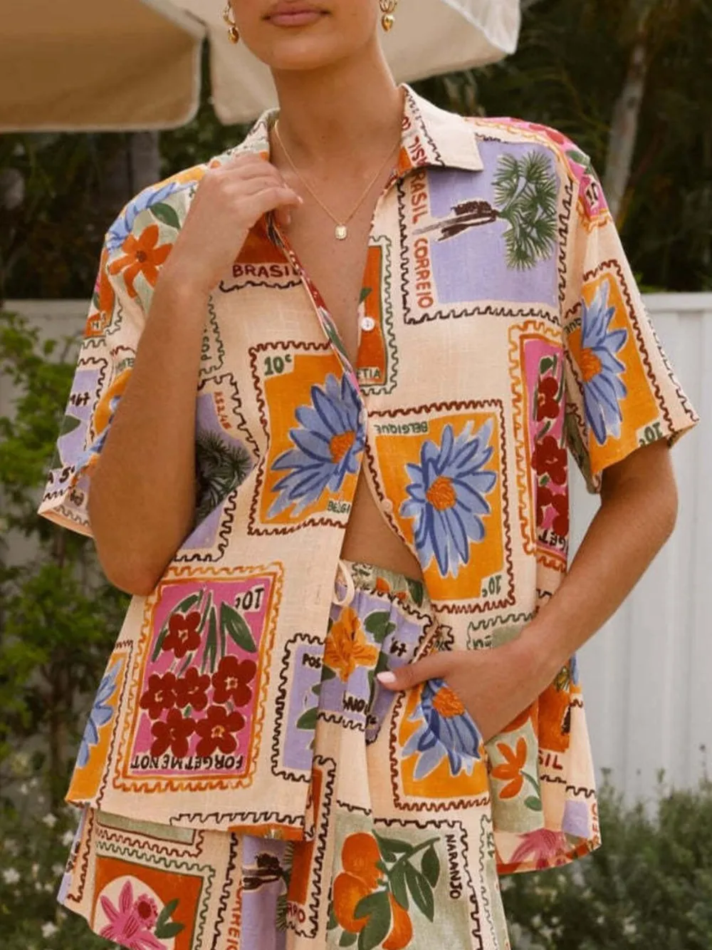 Printed Button Up Shirt and Shorts Set, image 2