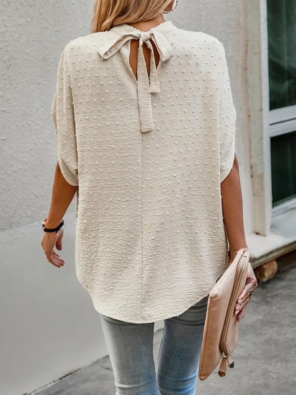 Swiss Dot Mock Neck Half Sleeve Blouse, image 3