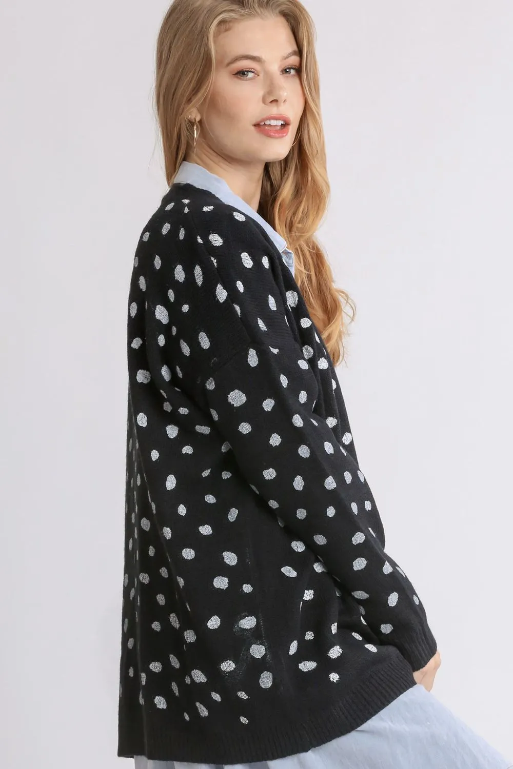 Polka Dot Open Front Drop Shoulder Cardigan, image 3