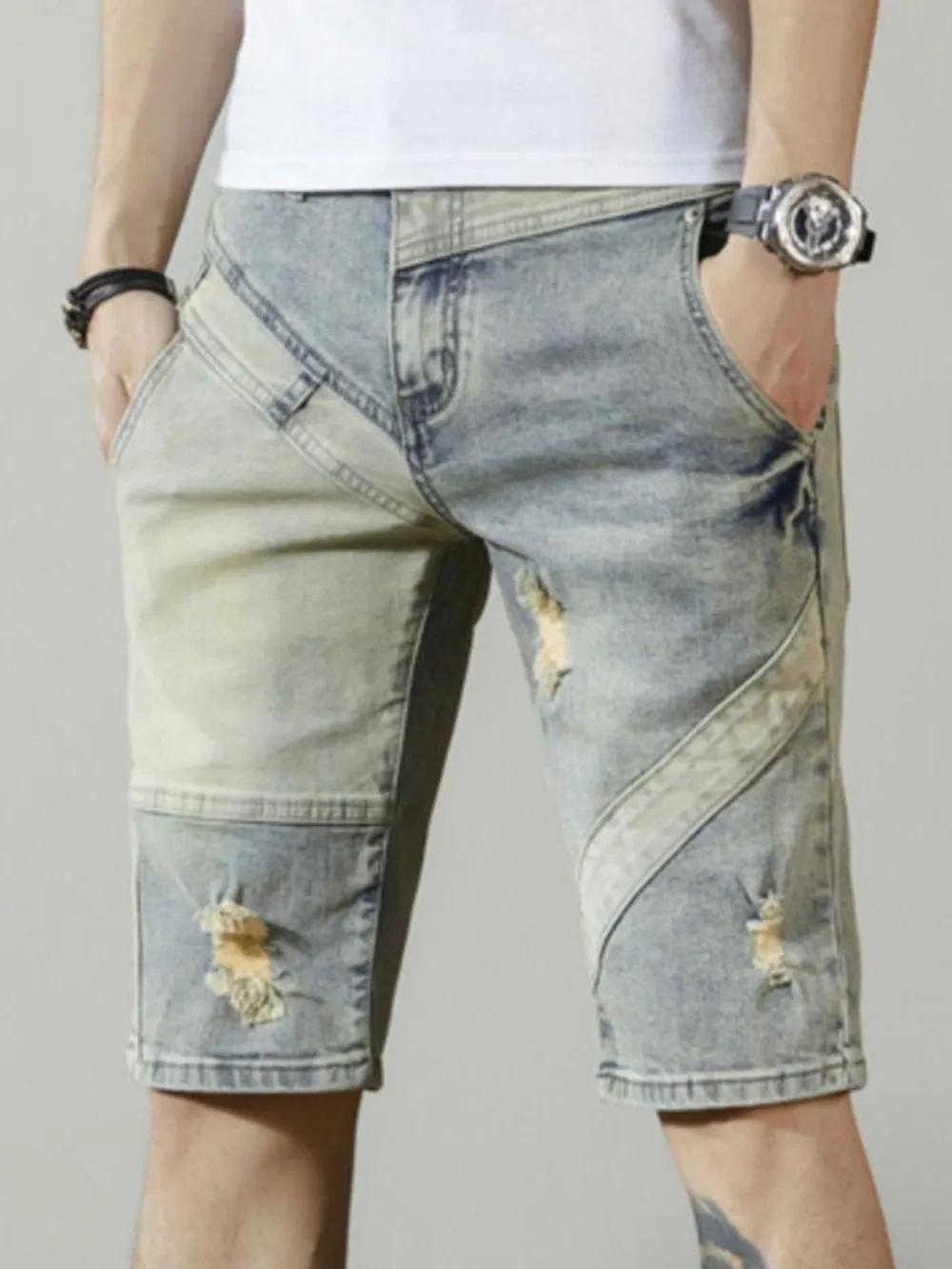Men's Distressed Wash Denim Shorts, image 2