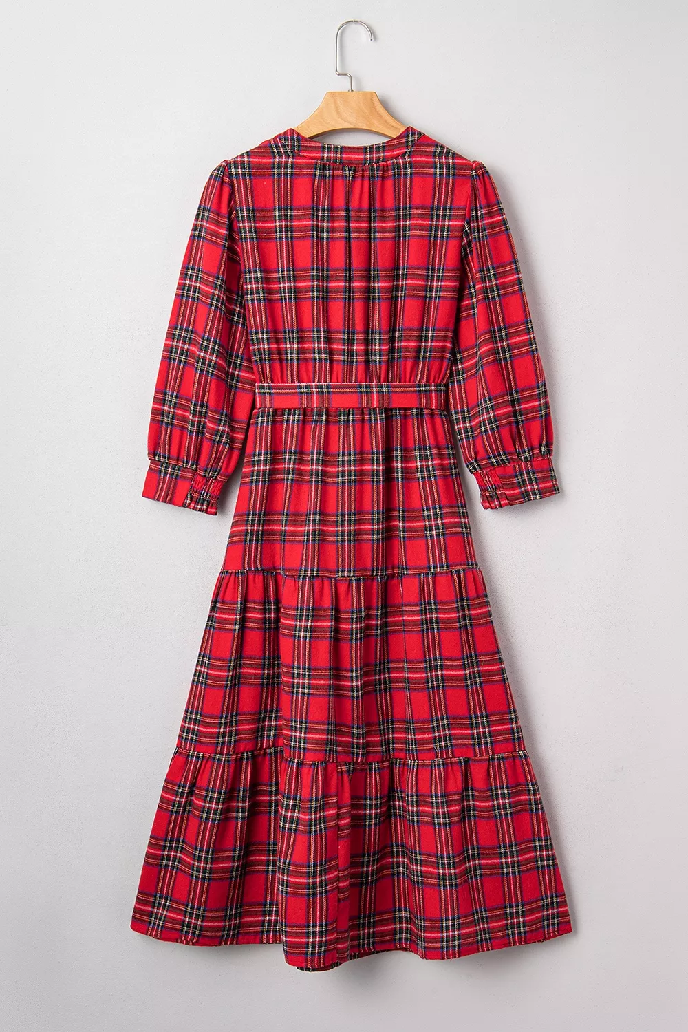Christmas Plaid V Neck 3/4 Sleeve Tie Waist Ruffle Hem Midi Dress, image 10