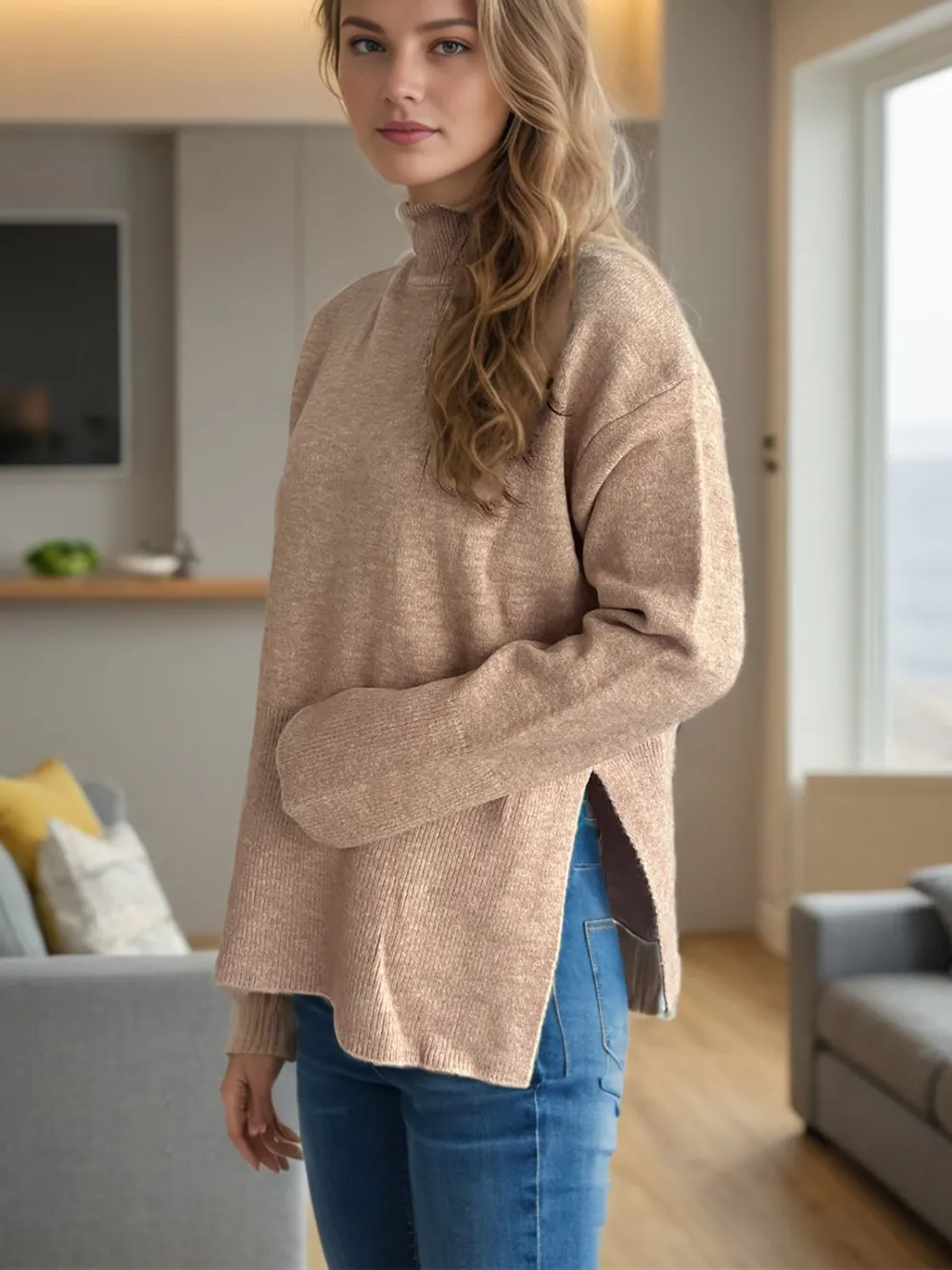 Side Slit Turtleneck Long Sleeve Sweater, image 4