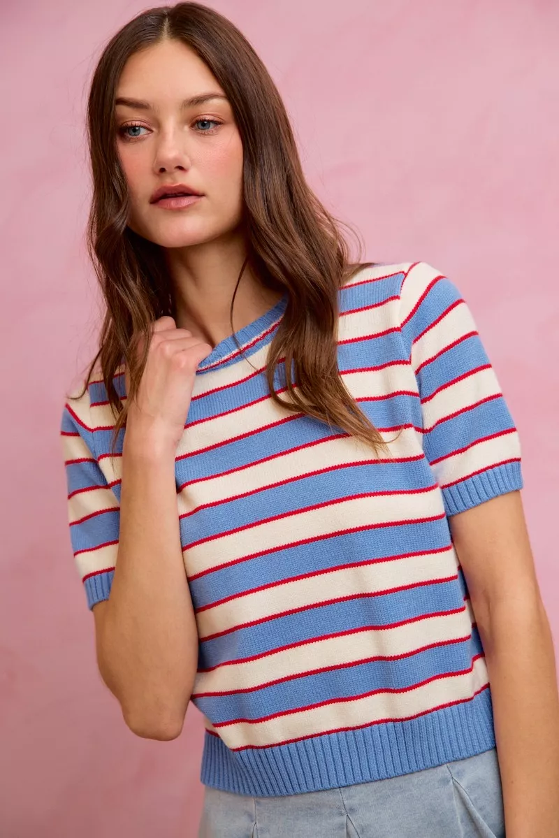 Stripe Knit Crew Neck Short Sleeves Sweater Top, image 3
