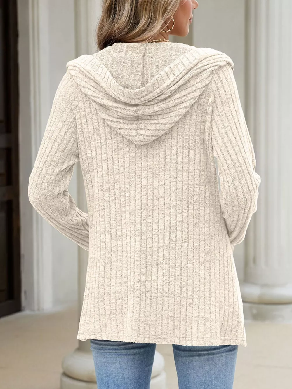 Ribbed Knit Hooded Button-Down Cardigan, image 14