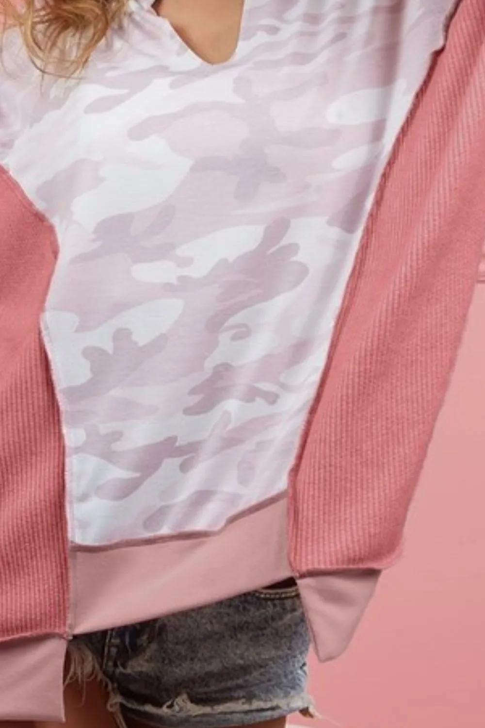 Camo Printed French Terry Knit Color Block Top, image 3