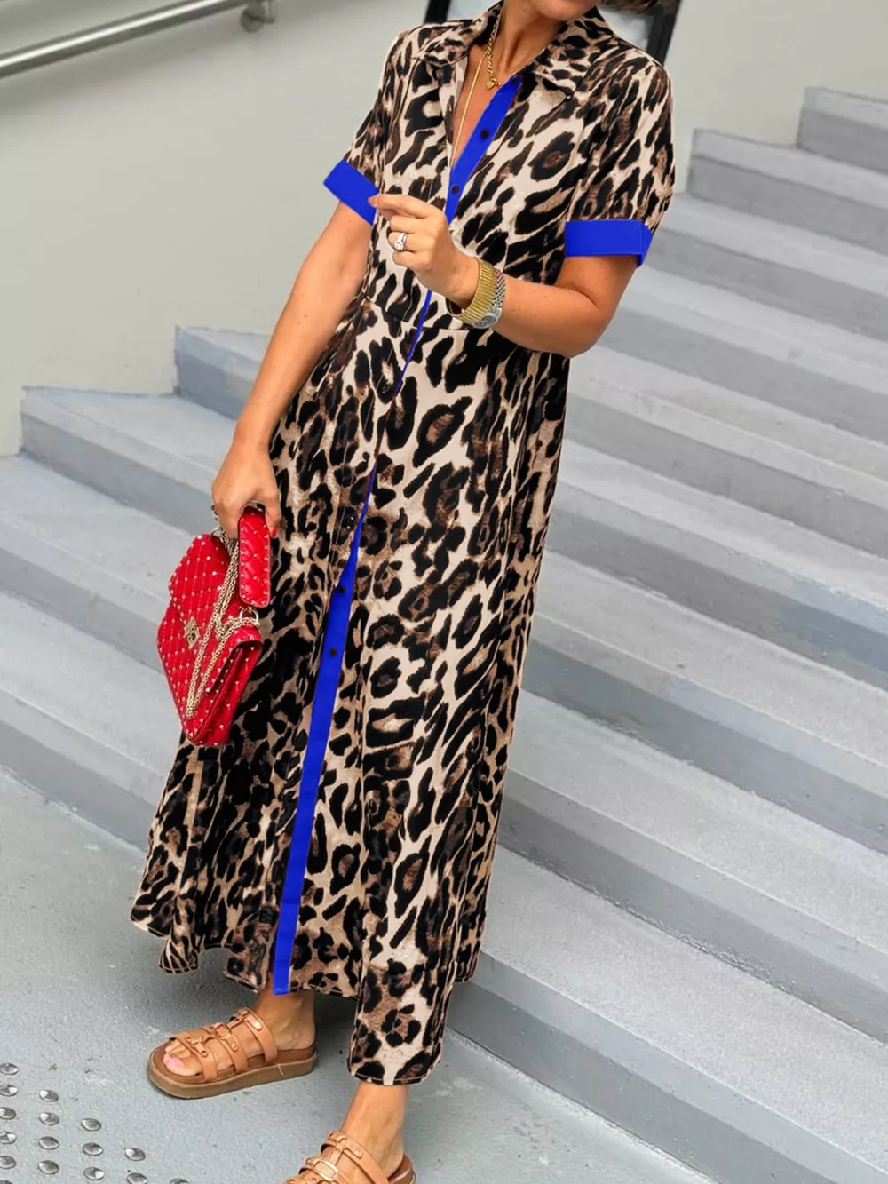 Leopard Print Button-Down Dress with Contrast Trim, image 5
