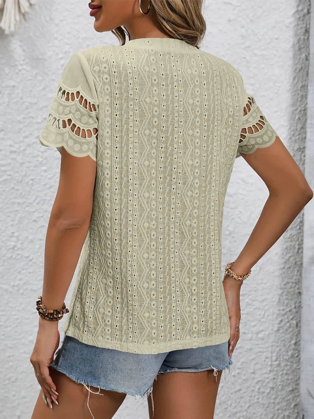 Full Size Eyelet Round Neck Short Sleeve Top, image 7