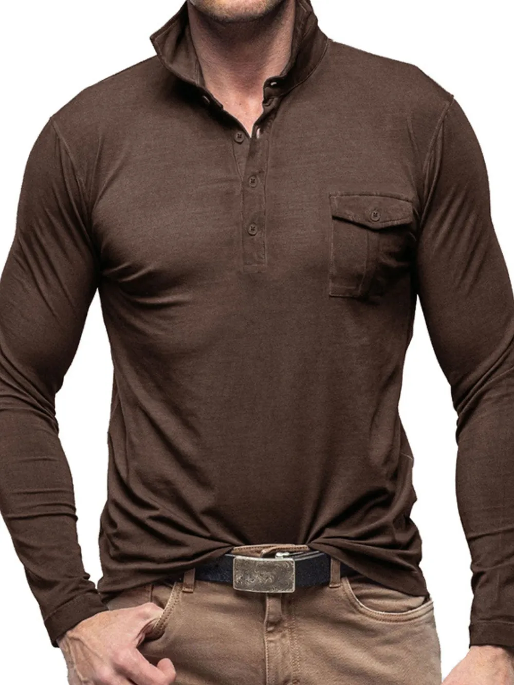Men's Basic style Collared Neck Long Sleeve Polo, image 12