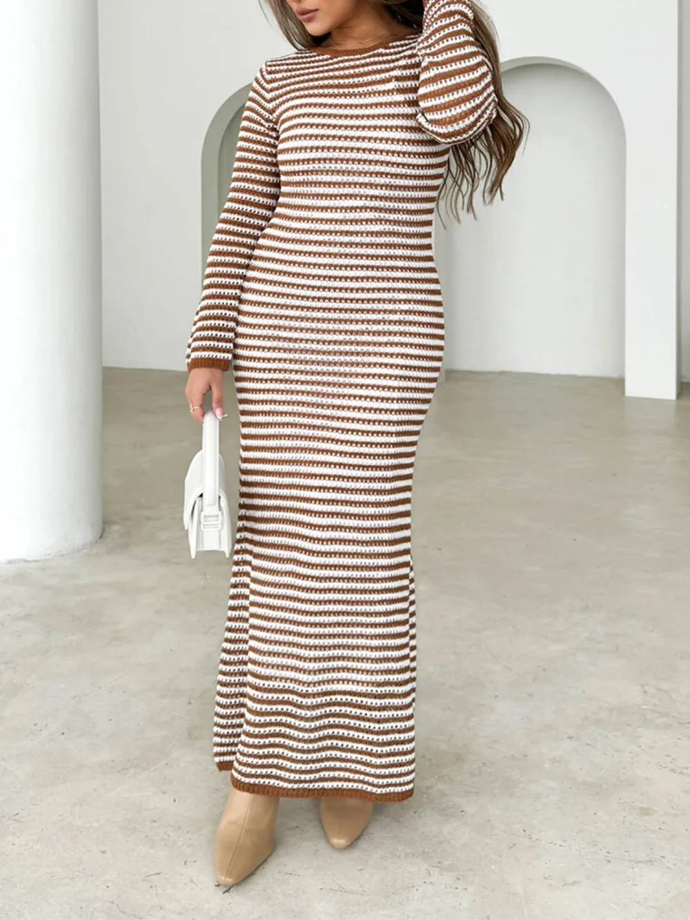 Tied Round Neck Striped Sweater Dress, image 6