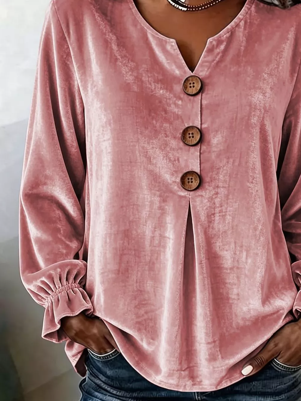 Full Size Velvet Button Decor Blouse with Ruffled Cuffs Plus Size, image 3