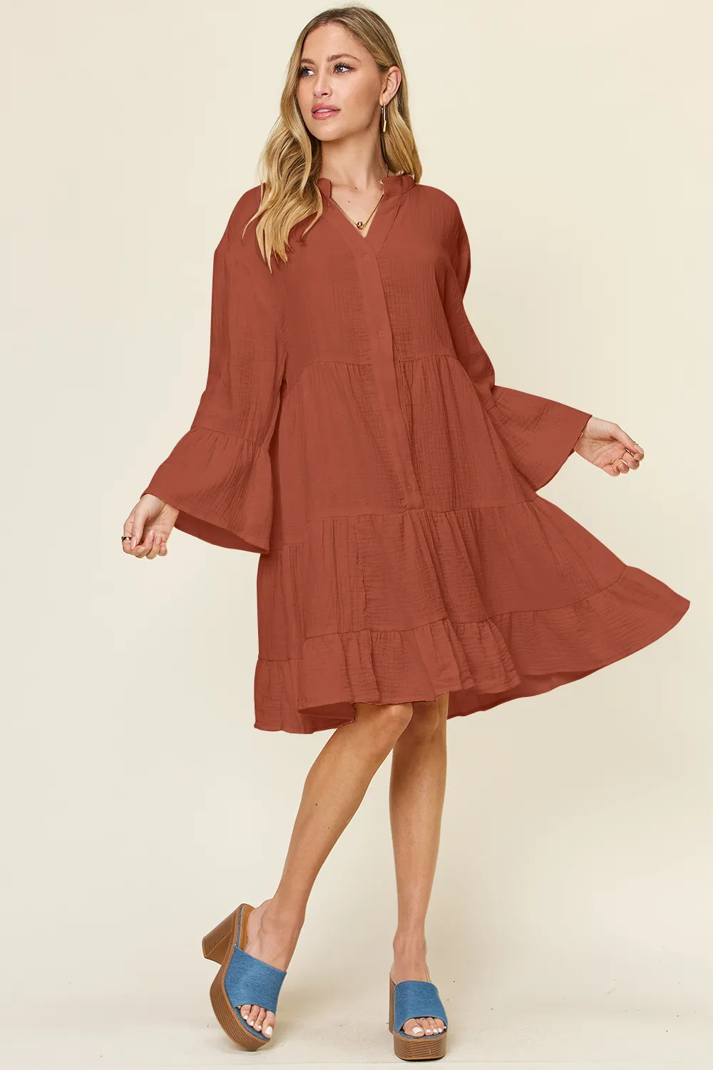 Full Size Texture Button Up Ruffle Hem Dress, image 3