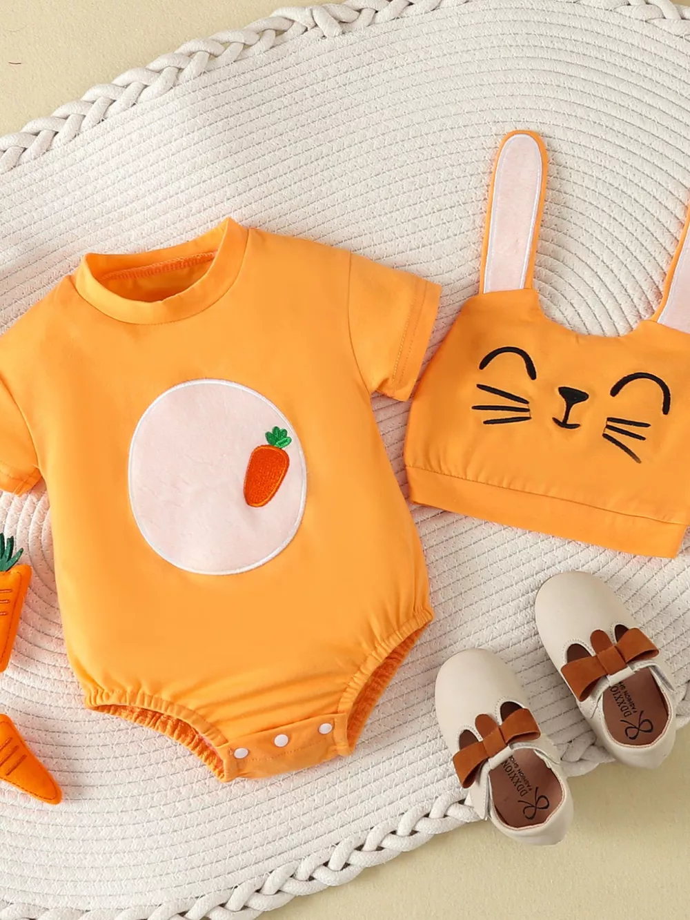 Children's Carrot Embroidered Round Neck One-Piece & Hat Set, image 2
