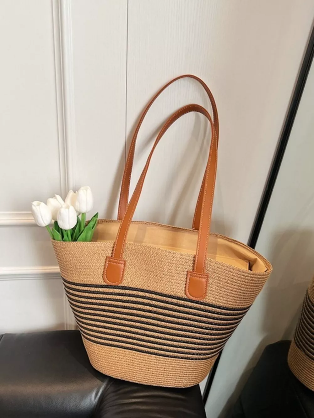 Striped Woven Straw Shoulder Bag, image 2