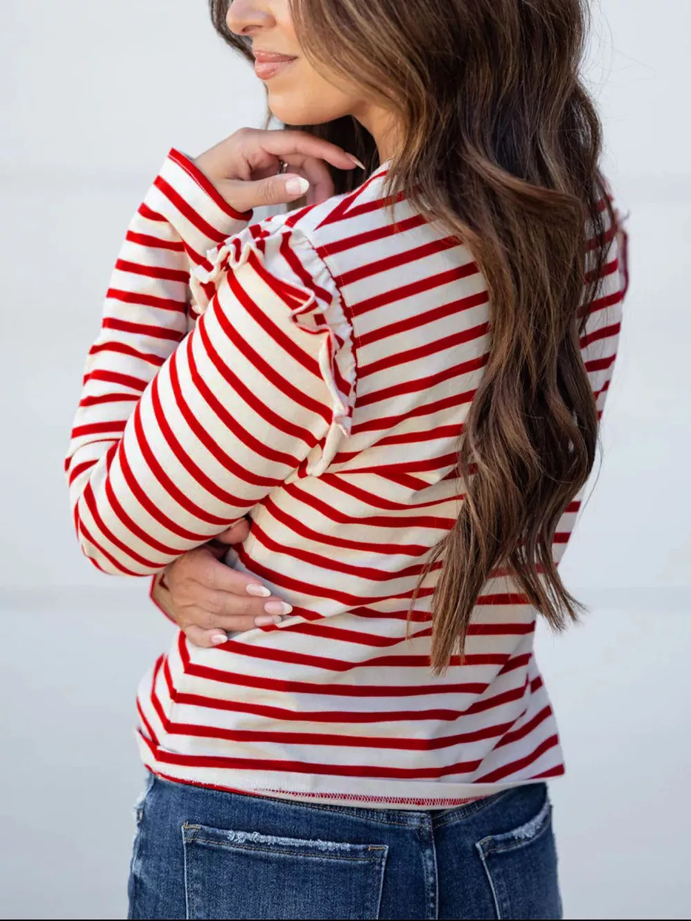 Stripe Round Neck Ruffle Trim Long Sleeve Top, image 2