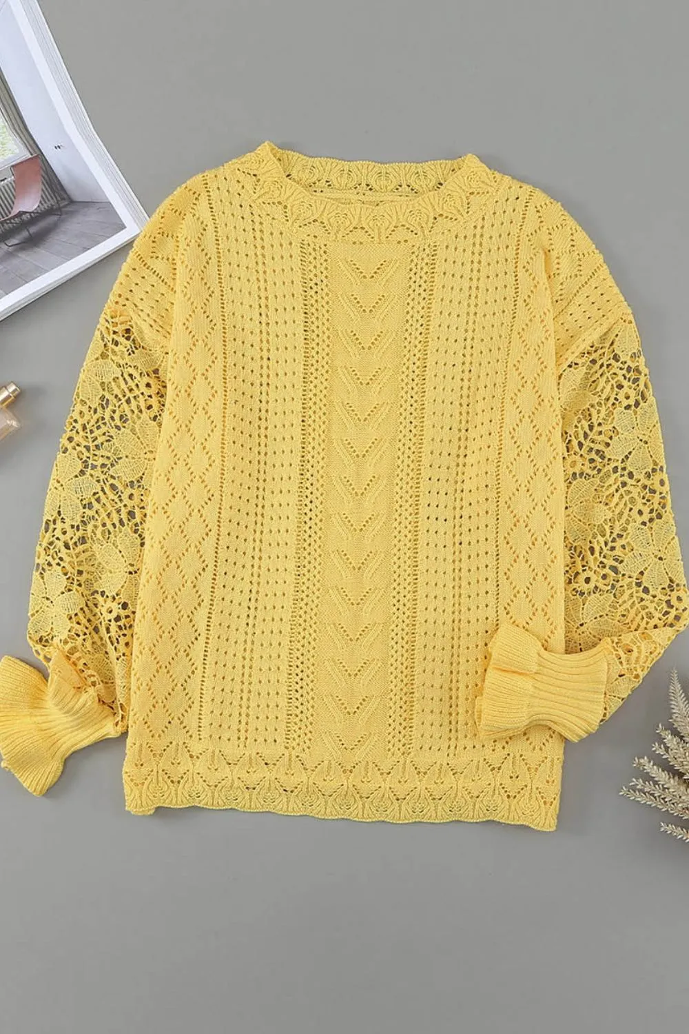 Openwork Round Neck Long Sleeve Sweater, image 7
