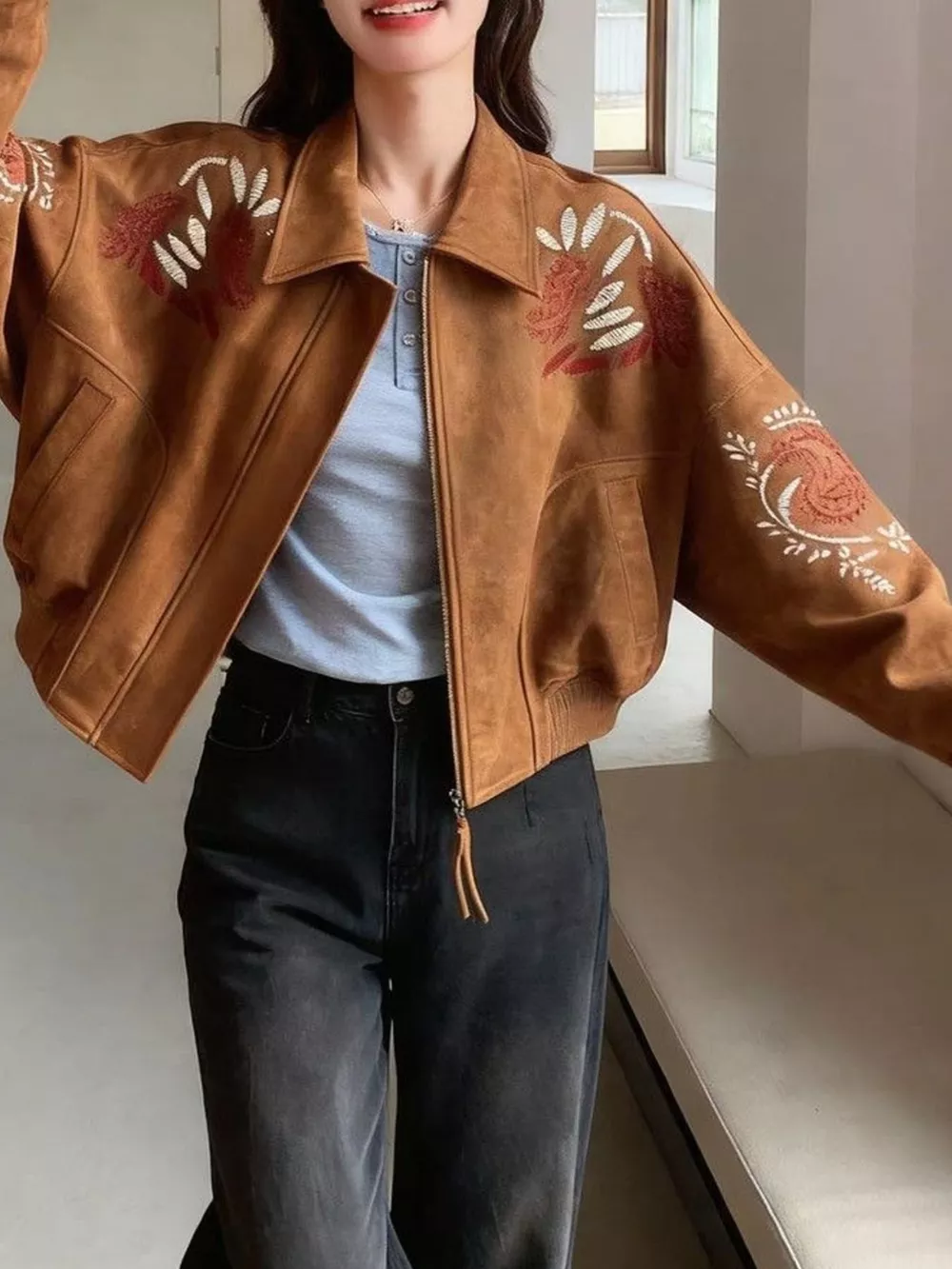 Embroidered Zip Up Jacket
