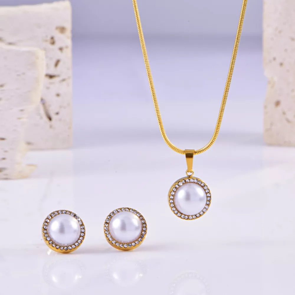 Synthetic Pearl 18K Gold-Plated Rhinestone Necklace and Earrings Jewelry Set, image 2