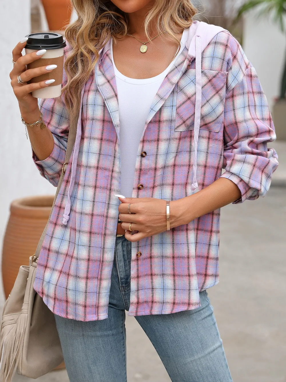 Plaid Long Sleeve Hooded Jacket, image 9
