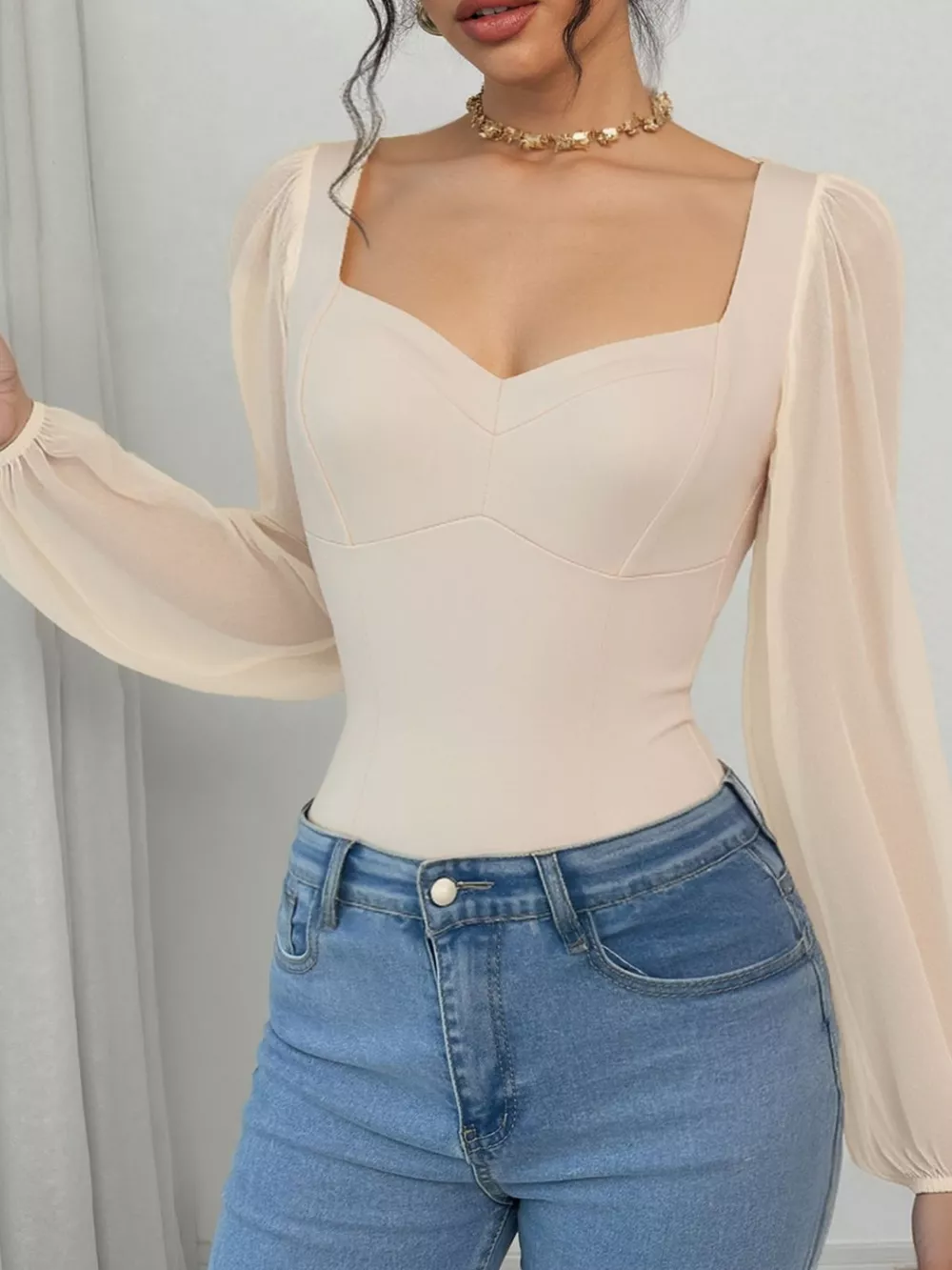 Sweetheart Neck Balloon Sleeve Bodysuit, image 3