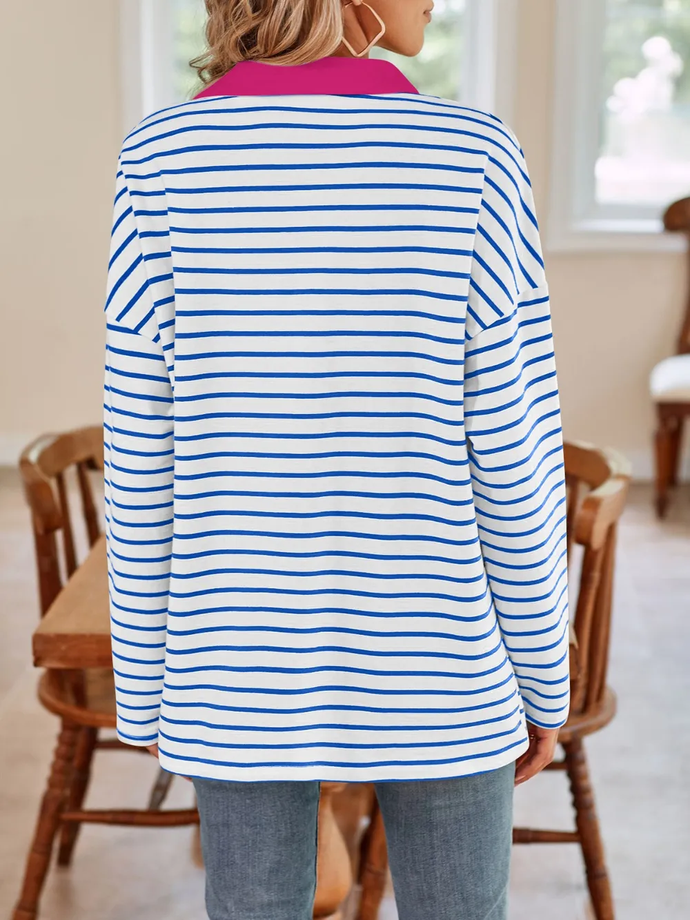 Striped Johnny Collar Long Sleeve T-Shirt, image 4