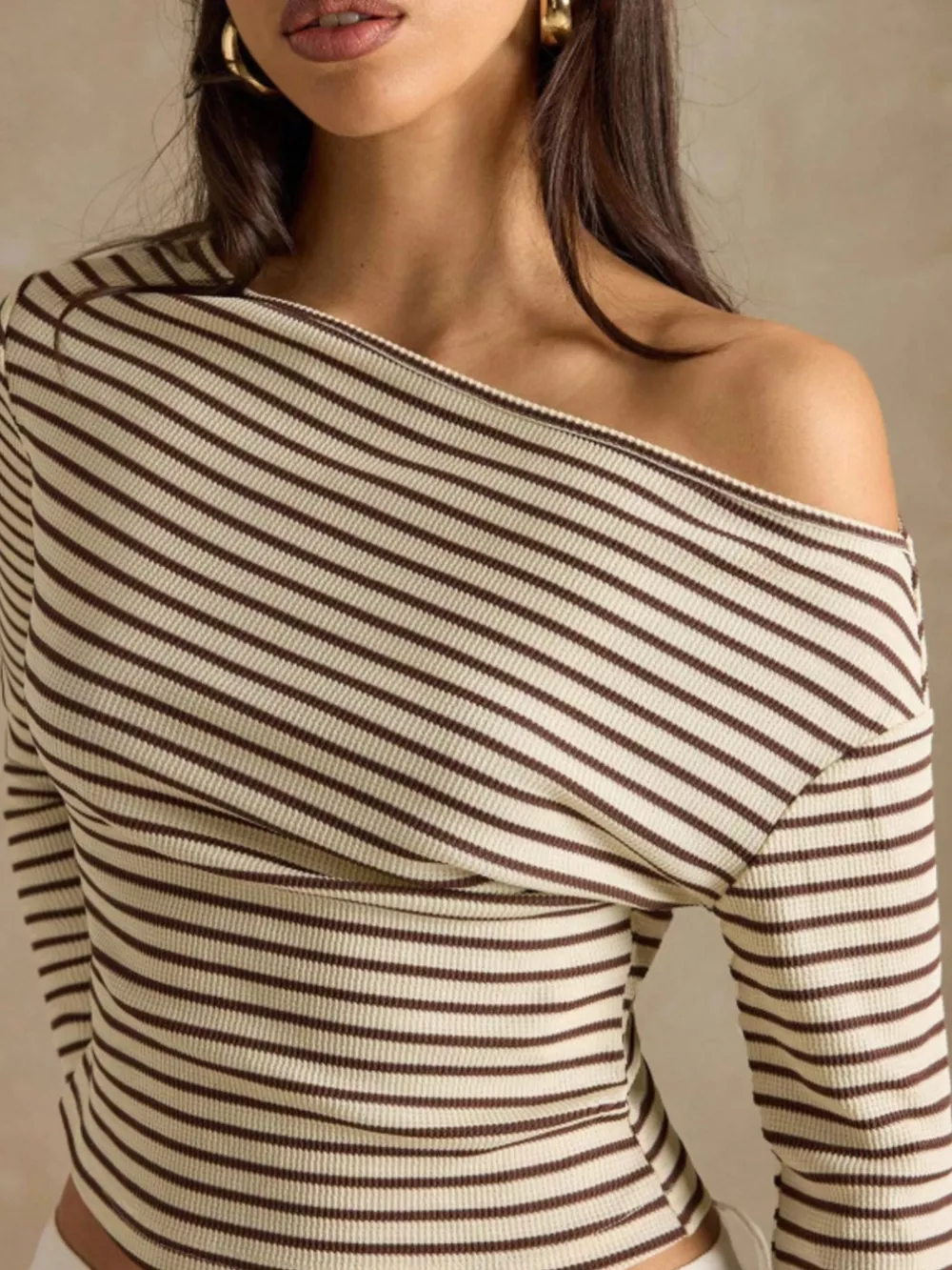 Off-Shoulder Striped Ribbed Long Sleeve T-Shirt, image 7