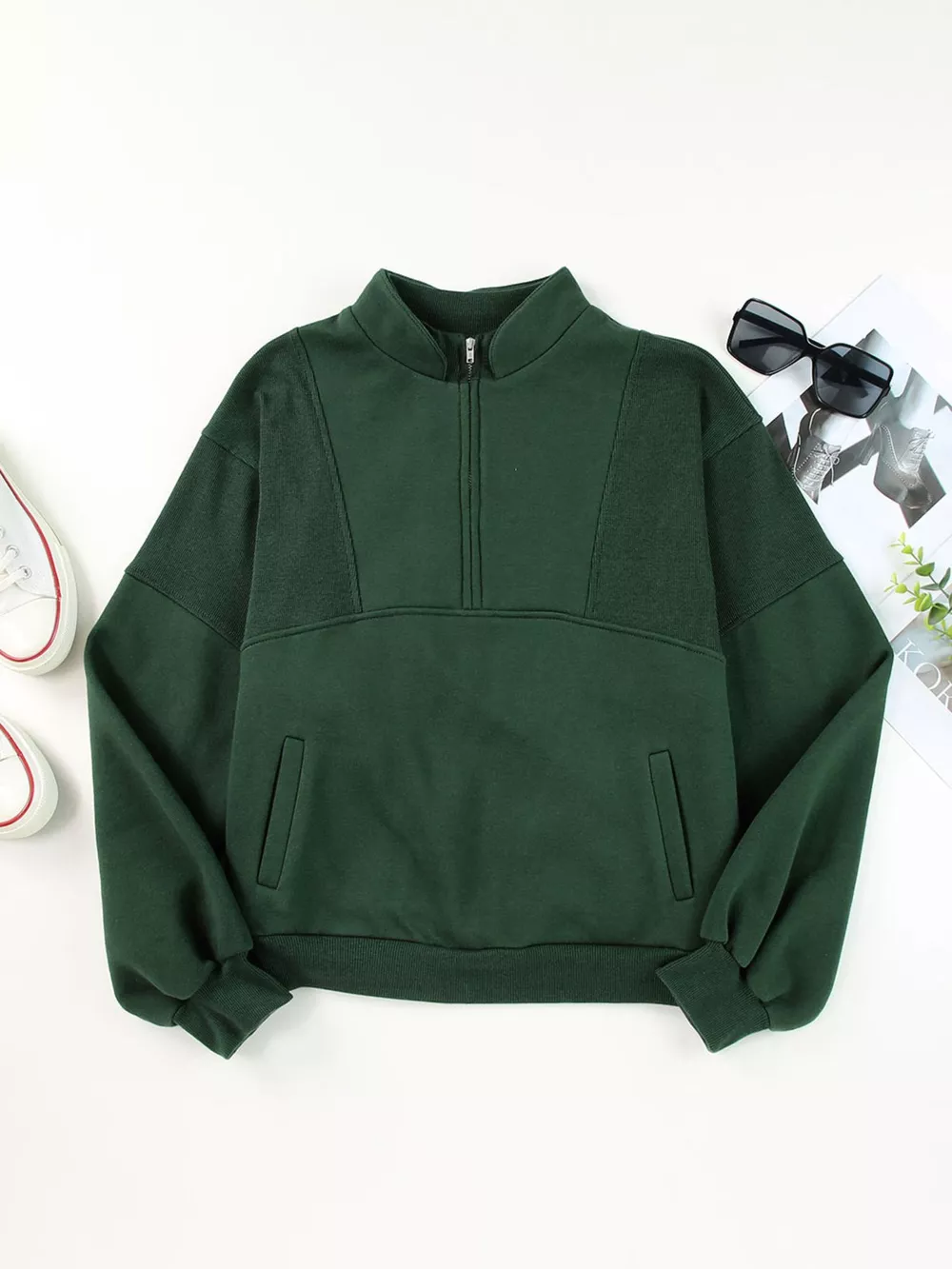 Half Zip Stand Collar Exposed Seam Solid Color Casual Sweatshirt, image 2