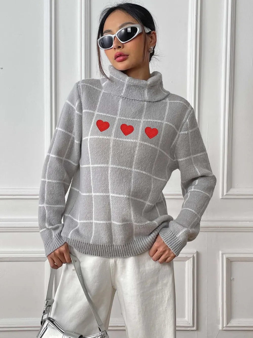 Heart Plaid Turtleneck Long Sleeve Sweater, image 5