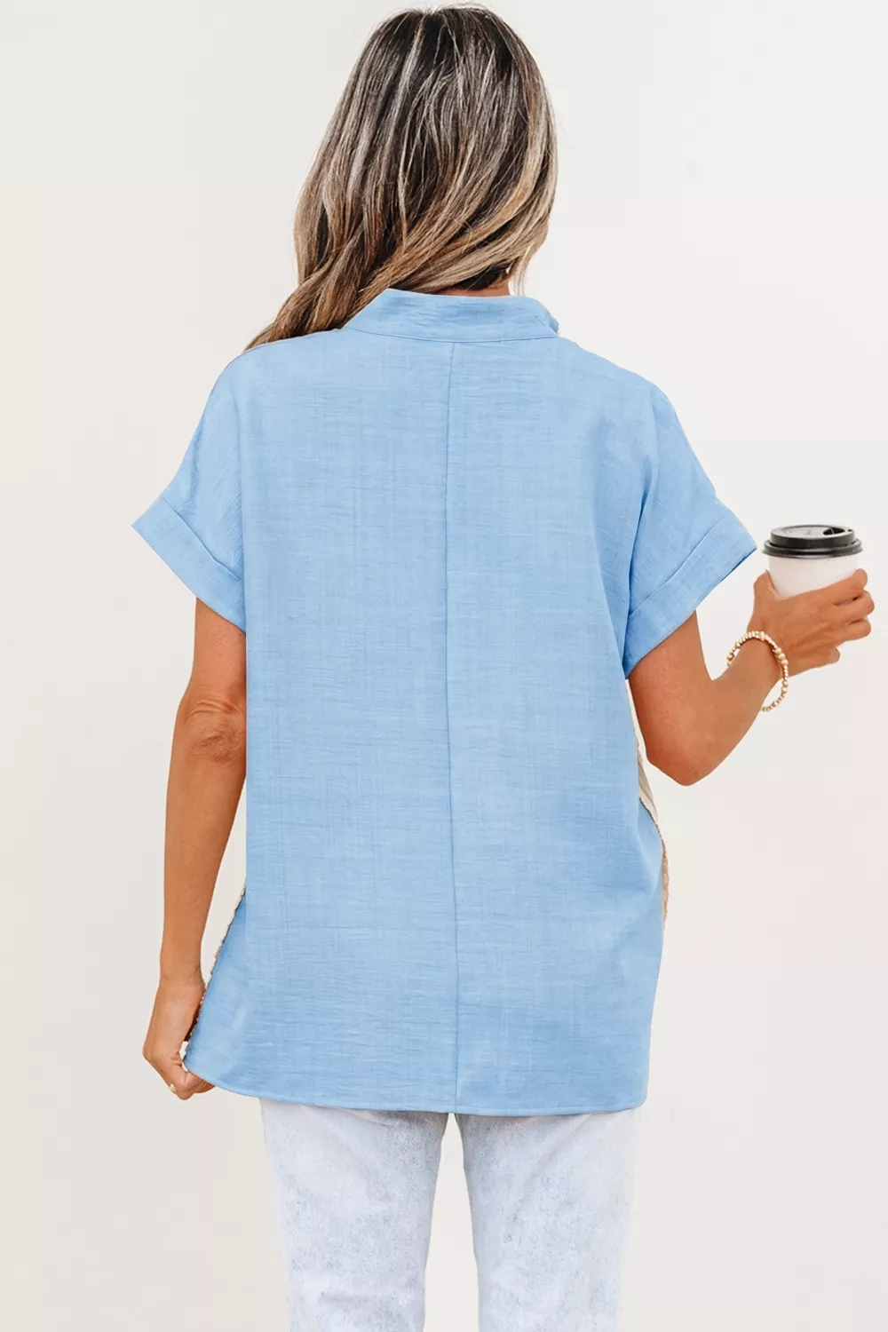 Crochet Lace Accent Pullover Rolled Short Sleeve Blouse, image 2