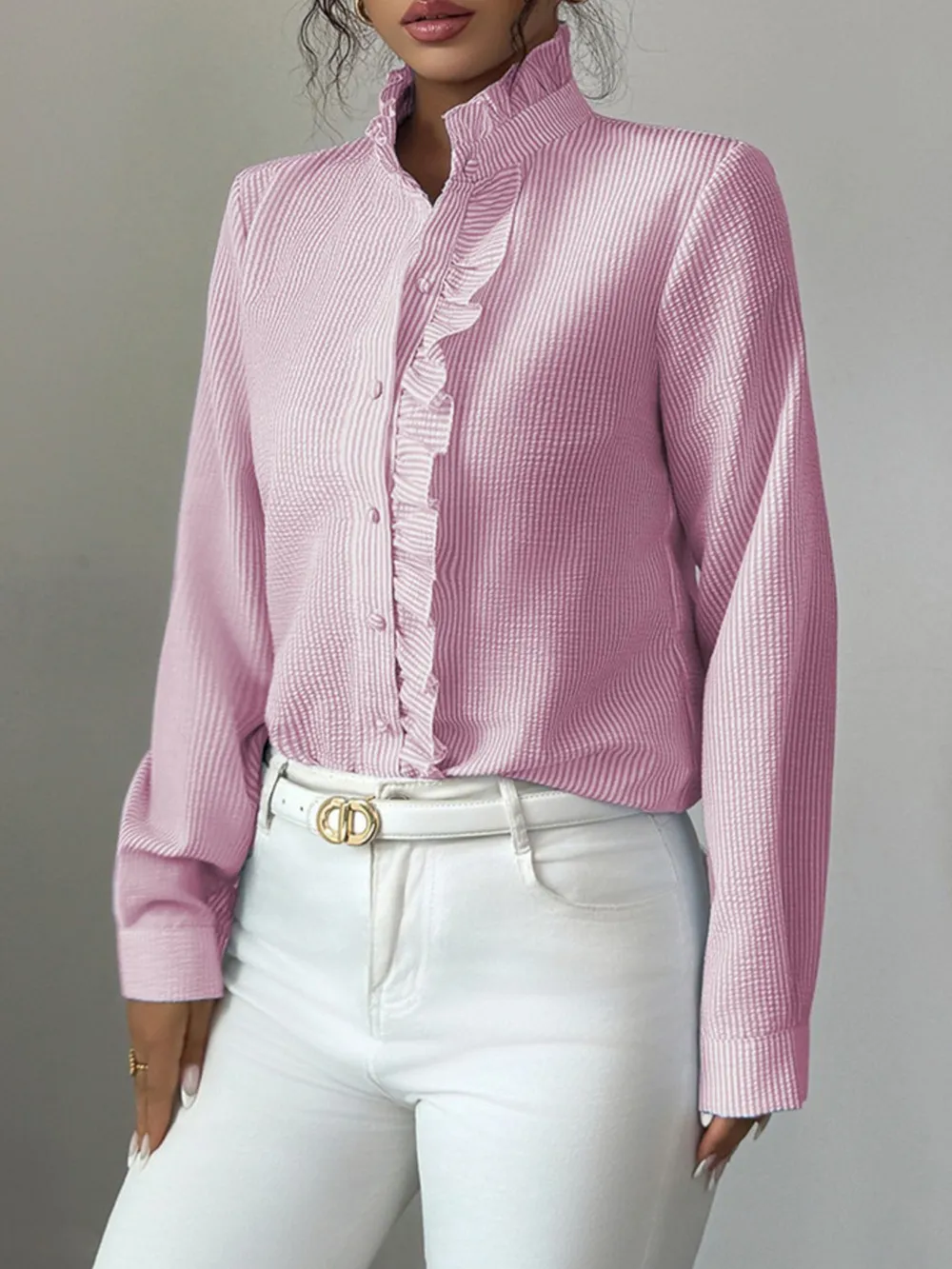 Ruffle Front Striped Button-Up Shirt