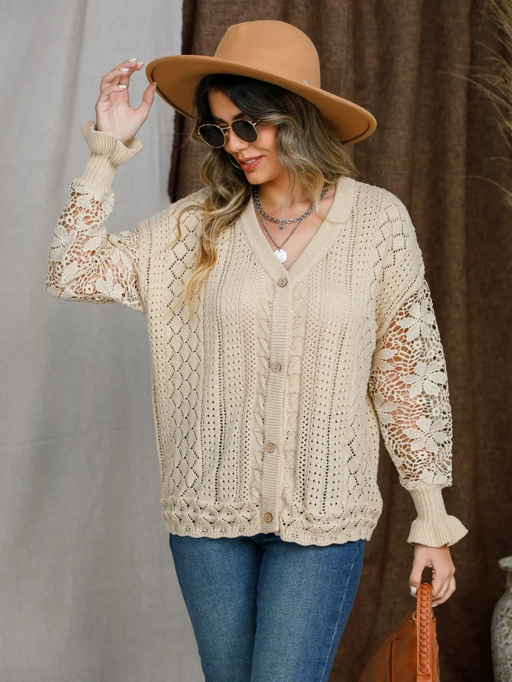 Eyelet Button Up Lantern Sleeve Cardigan, image 5
