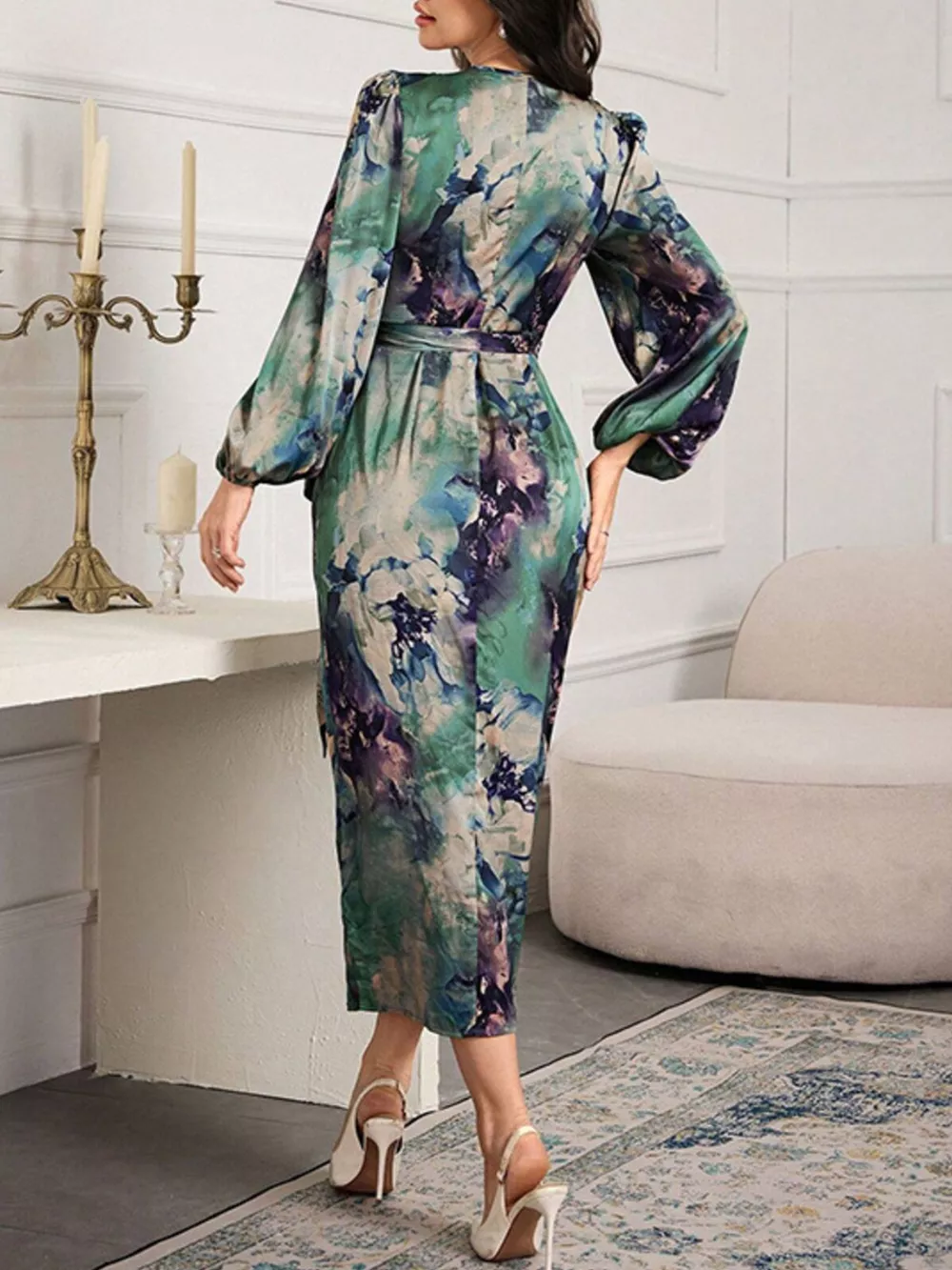 Printed Tie Waist Balloon Sleeve Dress, image 2