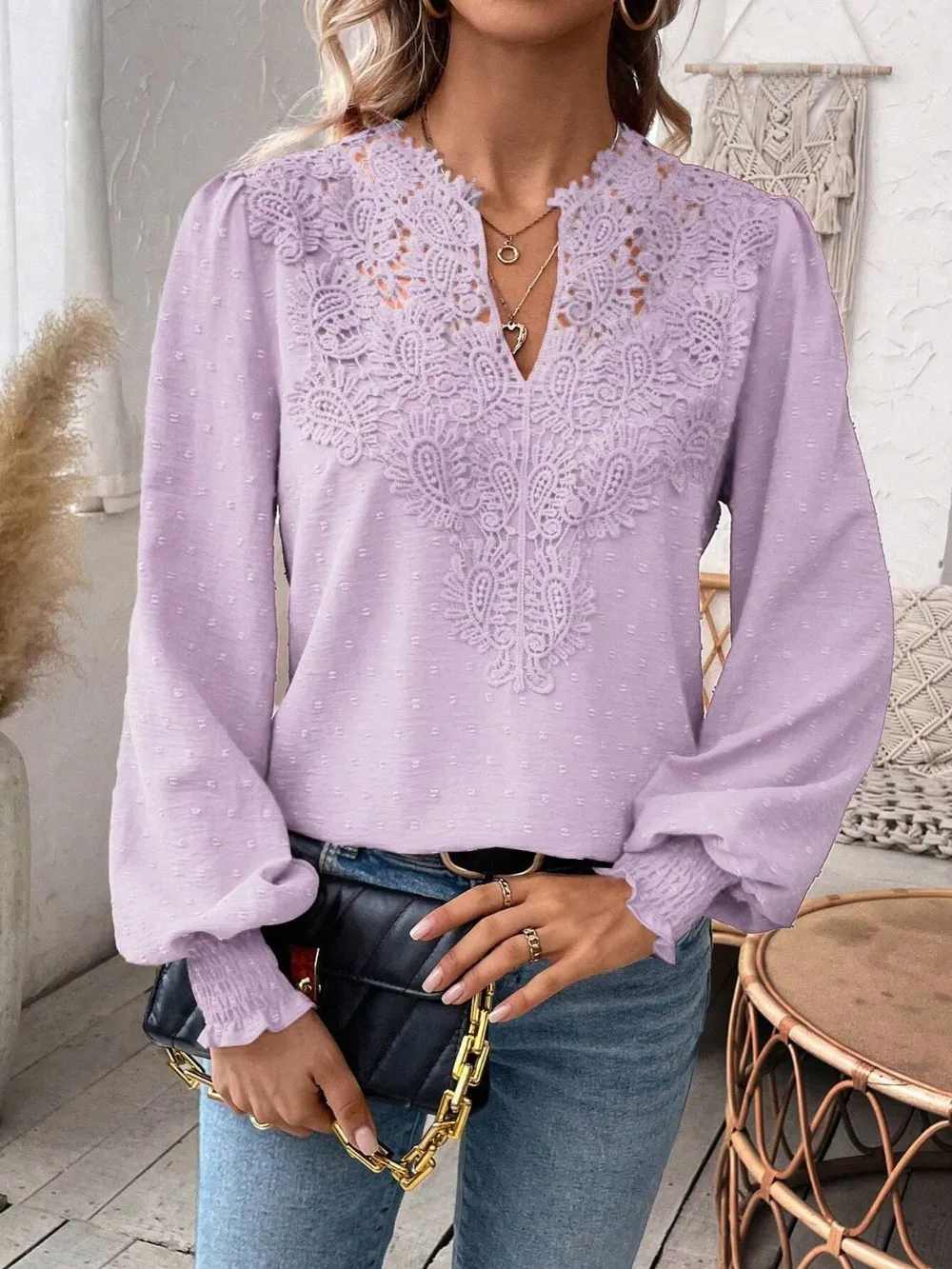 Swiss Dot Lace Detail Notched Long Sleeve Blouse, image 6