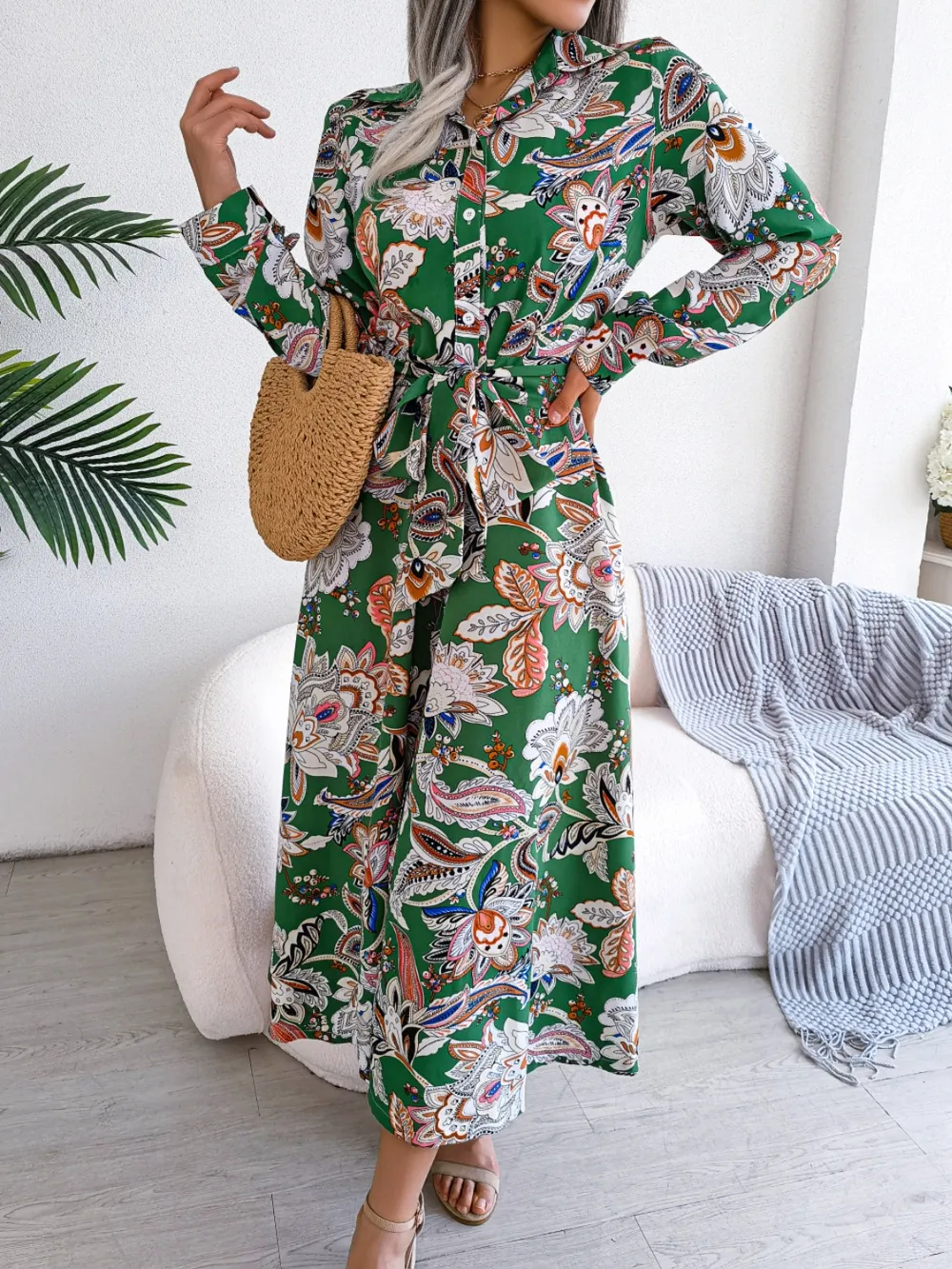 Tied Printed Long Sleeve Midi Dress, image 17