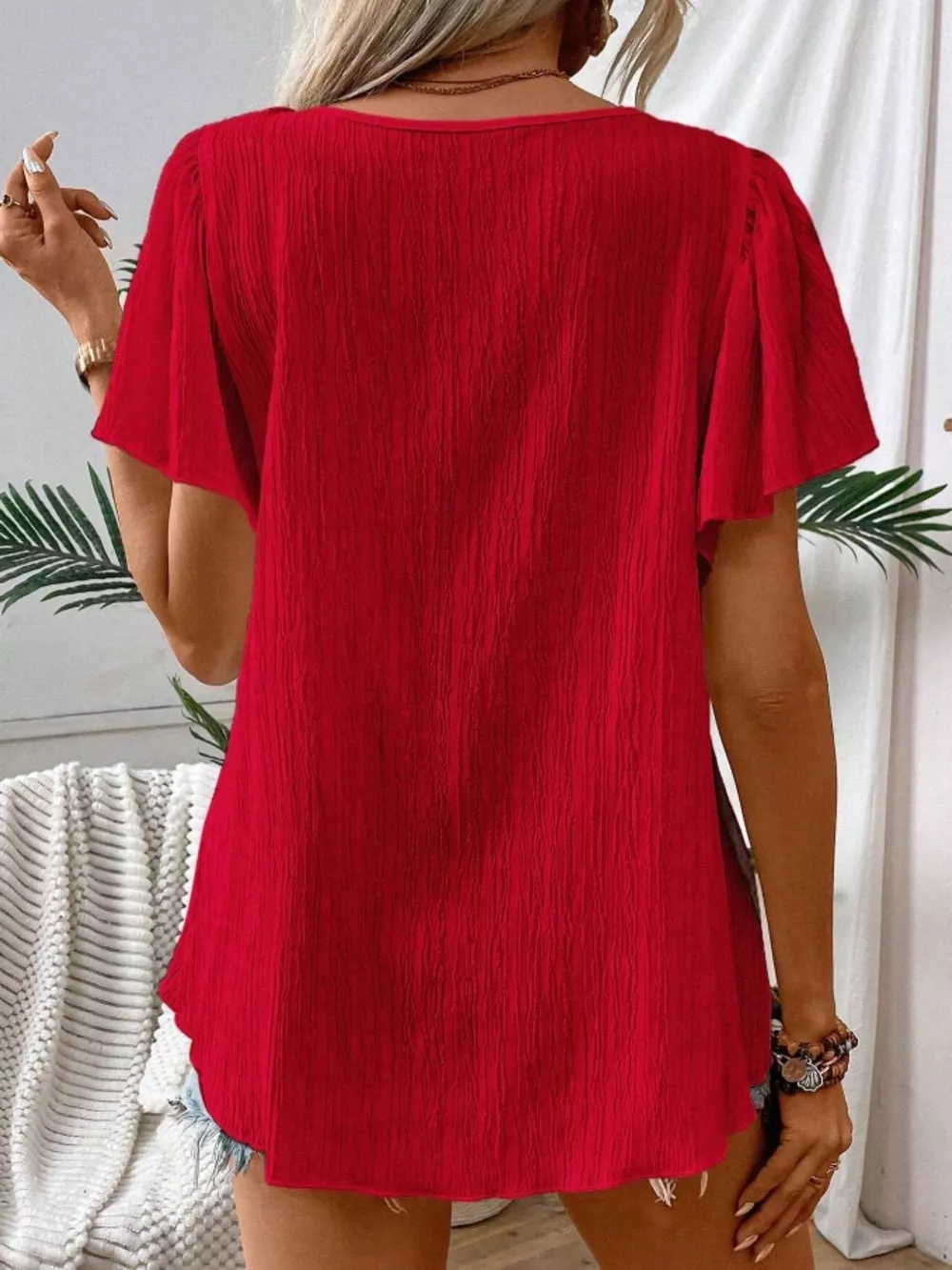 Embroidered Square Neck Flutter Sleeve Blouse, image 7