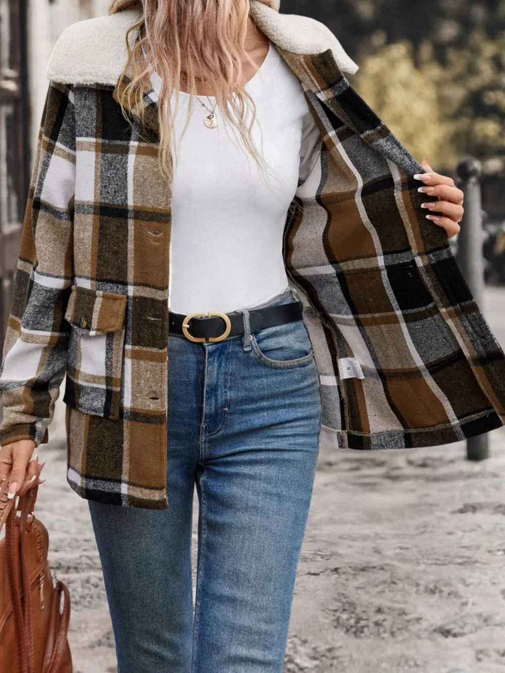 Pocketed Plaid Button Up Collared Neck Jacket, image 2